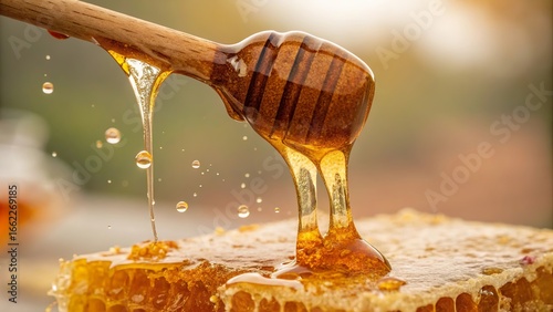 Macro shot of honey dripping from a wooden dipper highlighting the warm tones and textures of golden sweetness