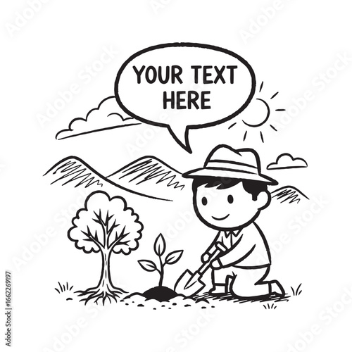 Cartoon Boy Planting a Tree in a Nature Landscape with Speech Bubble