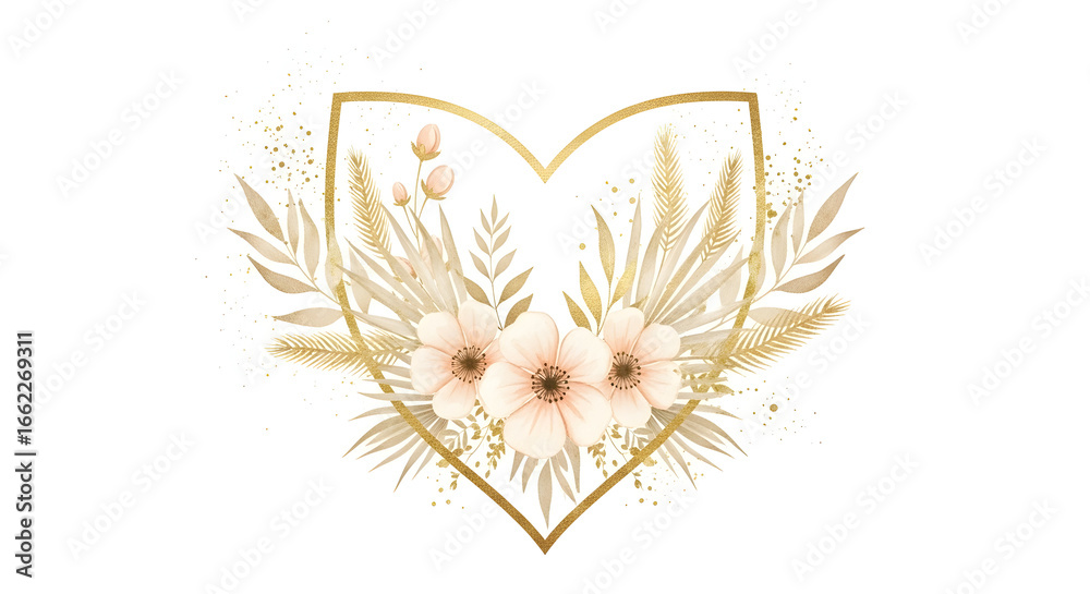 Obraz premium Watercolor Bouquet of Flowers with dried Palm Leaves and Orchids in boho style. Hand drawn floral illustration of tropical plants with pampas grass in beige pastel colors for wedding invitations