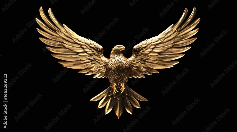 Obraz premium Golden Eagle Emblem, Wings Spread, Black Background, Symbol of Power