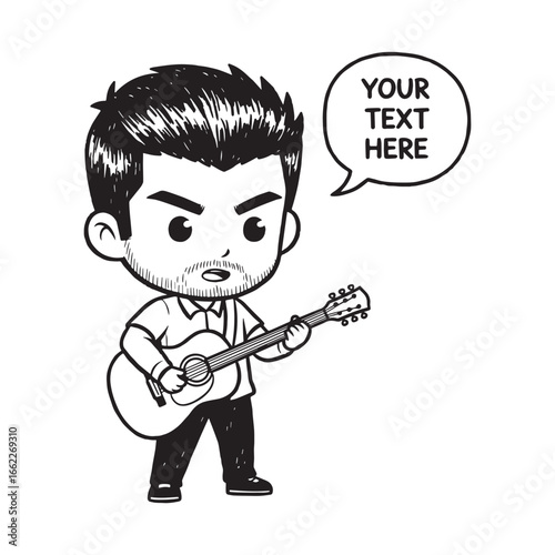 Cartoon Man with Stubble Playing Acoustic Guitar with Speech Bubble
