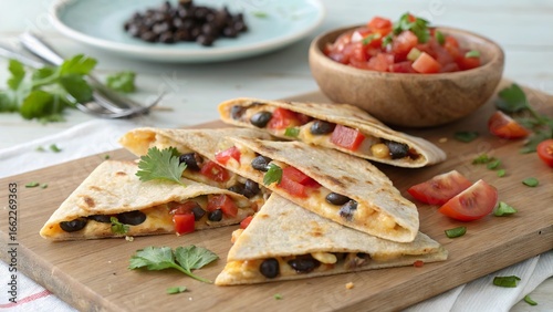 Mini quesadillas made with whole wheat tortillas filled with beans, cheese, and fresh vegetables on a wooden board