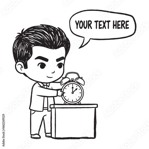Cartoon Man Setting a Vintage Alarm Clock with Speech Bubble