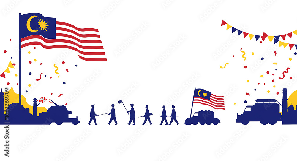 Obraz premium Vibrant Malaysian National Celebration Parade with Waving Flags, Festive Confetti, and Silhouetted Cityscape, Symbolizing Unity and Patriotism