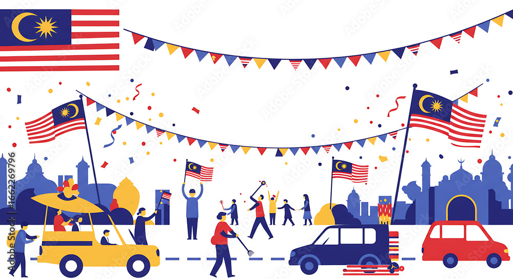 Obraz premium Vibrant vector illustration concept of a Malaysian national day parade with cheering crowds, cars, and waving flags.
