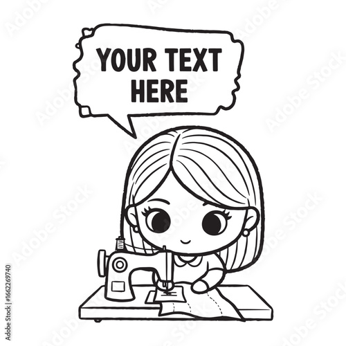 Cute Cartoon Girl Using a Sewing Machine with Speech Bubble