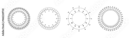 Black and white circular scales with concentric rings for precision measurement and calibration.