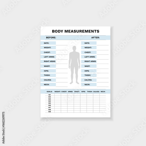 Form template for documenting body weight, muscle size, and progress to achieve fitness goals.