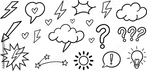 A collection of hand drawn doodle icons representing various concepts like speech bubbles lightning bolts hearts question marks clouds sun and a lightbulb on a white background