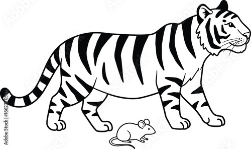 Tiger and mouse vector illustration, wild animal sketch, jungle predator design, wildlife silhouette, exotic animal drawing, big cat and rodent graphic