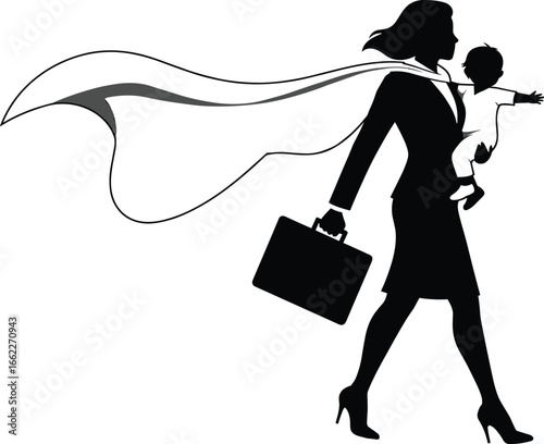 Superhero businesswoman mother silhouette with child and cape carrying briefcase strong working mom concept women empowerment family balance illustration
