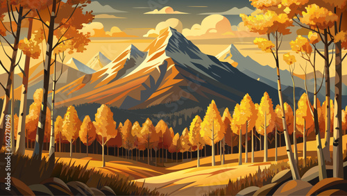 Aspen trees with their leaves quivering in gentle breeze, golden hues shimmering, dramatic mountain range backdrop rising majestically, serene landscape unfolding, vector style artistry capturing tran