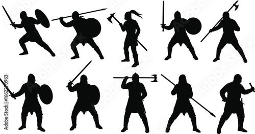 Warrior silhouette set with swords shields spears and axes in battle poses medieval fighters vector illustration for fantasy design