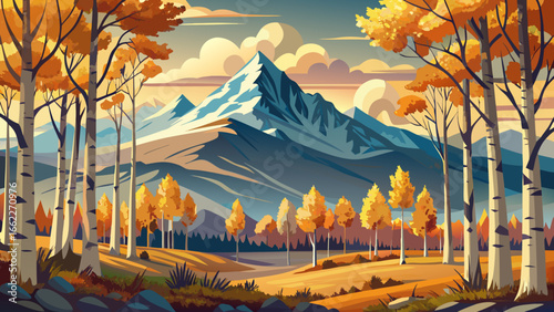 Aspen trees with their leaves quivering in gentle breeze, golden hues shimmering, dramatic mountain range backdrop rising majestically, serene landscape unfolding, vector style artistry capturing tran