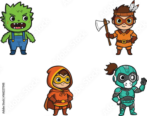 Cartoon characters in superhero and fantasy costumes, cute kids dressed as monster, warrior, robot, and hero for comics or games