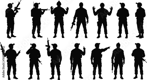 Military soldier silhouettes, armed army men with rifles, combat poses illustration, tactical special forces vector, security defense artwork, war concept