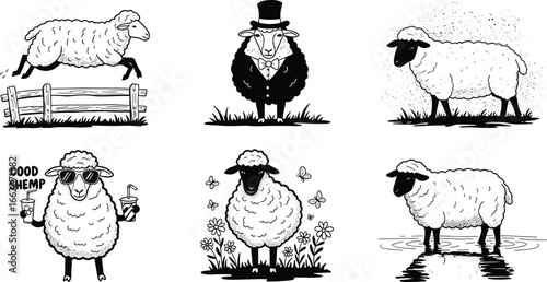 Funny sheep illustration, cool sheep cartoon with sunglasses, elegant sheep in suit, farm animal drawing, sheep in nature, vector artwork