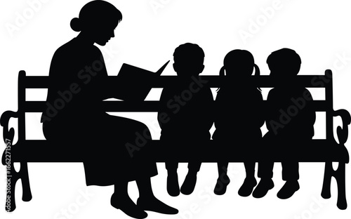 Teacher reading clipart silhouette, children on bench SVG, classroom decor, storytelling printable, Cricut cut file, instant download