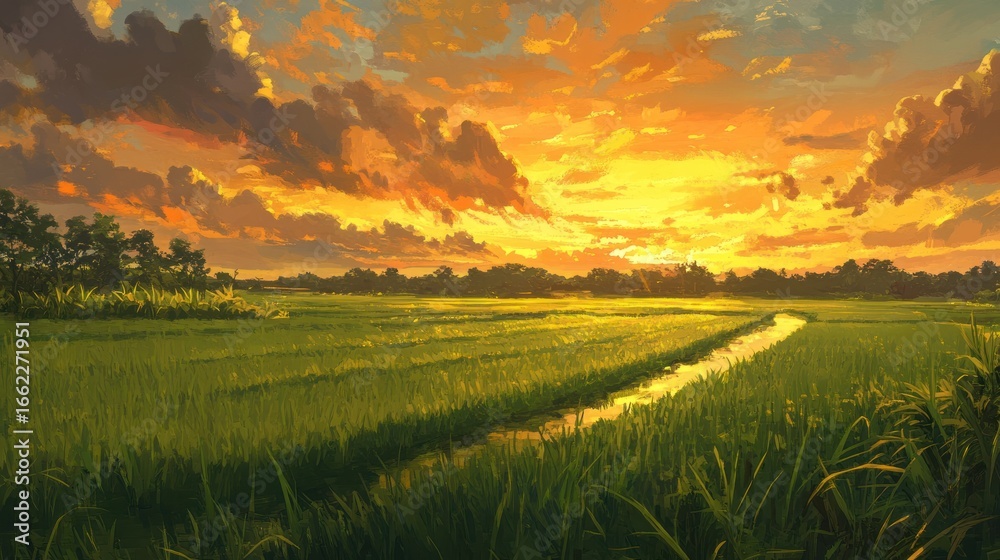 Obraz premium Golden Sunset Over Lush Rice Paddy Fields