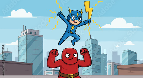 Superhero vs villain illustration, cartoon city battle, lightning hero clipart, comic fight drawing, kids superhero art, action cartoon scene