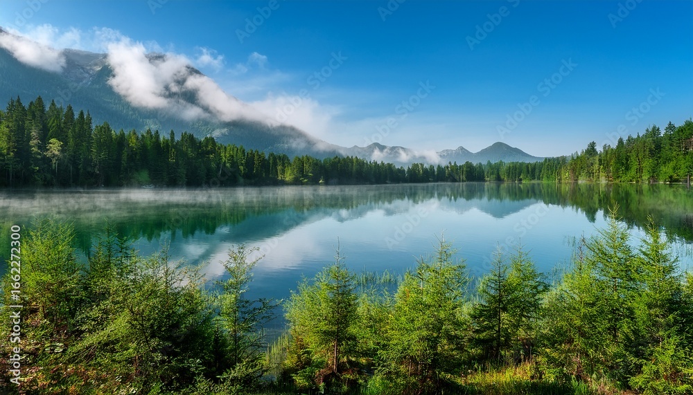 Fototapeta premium serene misty lake surrounded by lush green forest and mountains