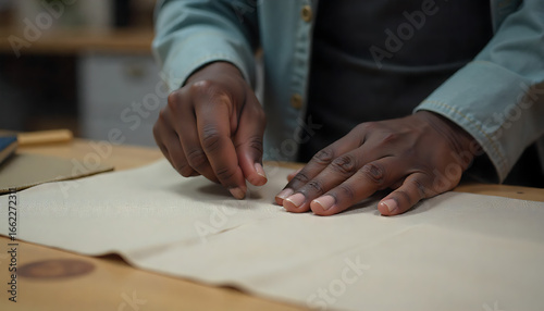 Close-up of hands of professional black male tailor working at sewing machine, stitching beige linen fabric with precision at table in workshop, created with generative ai	
