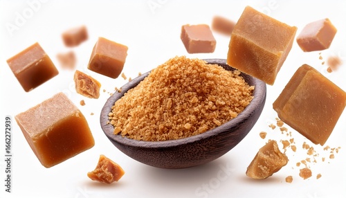 crushed jaggery chunks falling mid air with realistic texture on white background