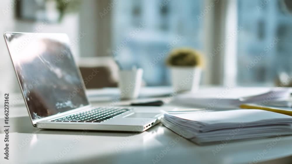 A laptop sits on a white desk next to a stack of papers in a modern office setting.