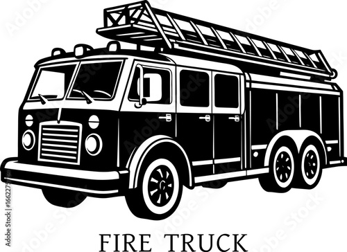 A fire truck with ladder extended, isolated on white background. Brave Chibi Fire Truck Coloring Page with Extending Ladder - Simple Emergency Vehicle Outline