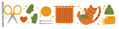 Vector adorable set of orange cat with yarn ball, mittens, scarf, and knitting details. Collection of cozy and warm design elements for handmade, winter, or hobby themed creative use.