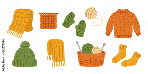 Vector set of cozy knitted items and yarn in flat style. Collection of scarves, sweater, socks, mittens, hat, yarn balls, and basket with knitting needles. Handmade wool winter clothing illustration.