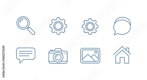 A set of essential thin line icons for modern web and mobile application user interface design, featuring symbols for home, settings, search, and communication