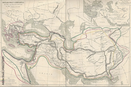 Antique map showing the empires of Darius I and Alexander the Great, highlighting their extent across Persia, Greece, and Egypt