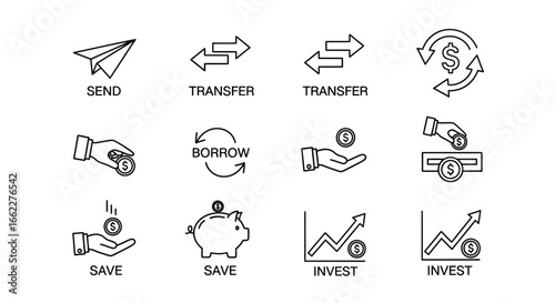 Financial transaction icons: send, transfer, borrow, save, invest, money management.