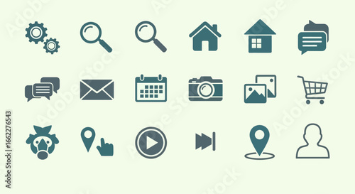 Collection of simple, dark teal colored icons representing various digital and communication tools.