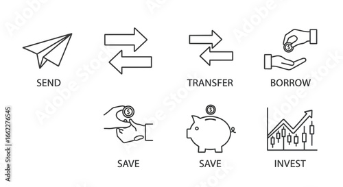 Set of financial icons depicting sending, transferring, borrowing, saving, and investing money.