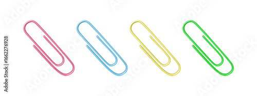 Set of 3D paperclip icons in multiple colors. School and office stationery elements in cartoon design. Isolated paper clips on white background. Vector.