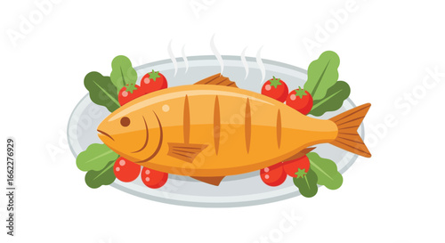 Grilled Fish with Vegetables and Tomatoes on a Plate