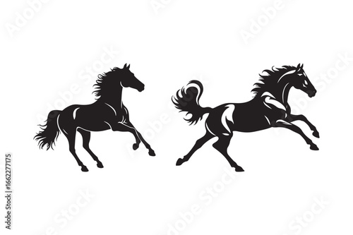 Dynamic silhouette of two galloping horses capturing freedom and movement in black and white