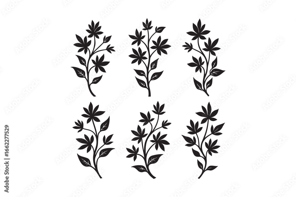 Naklejka premium Six detailed black silhouette botanical floral sprigs with delicate leaves and blossoms artistically arranged