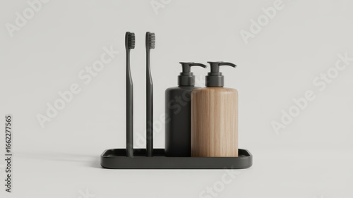 Wallpaper Mural Modern Minimalist Bathroom Accessories: Black Toothbrushes, Soap Dispensers on Tray. Torontodigital.ca