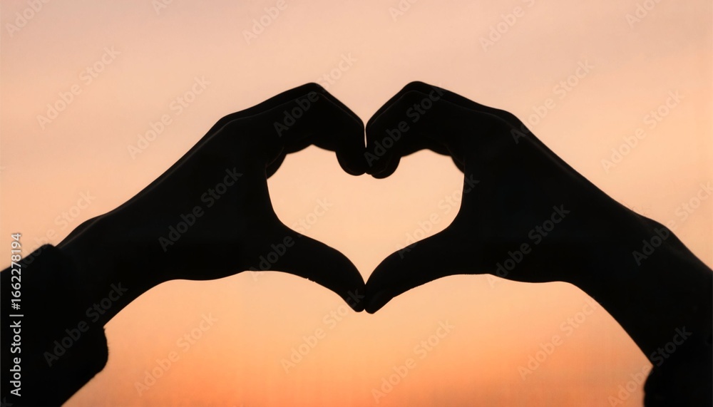 Fototapeta premium Silhouetted hands forming heart shape against sunset background 