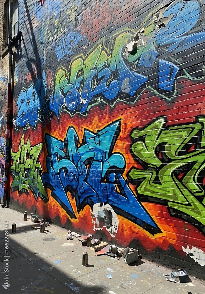 Naklejka premium Colorful graffiti mural on a brick wall