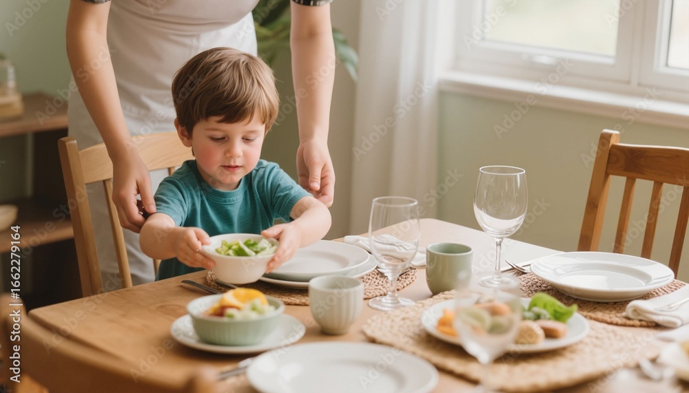 Young boy helping set the table with salad at home dining area Young boy helping set the table with salad at home dining area