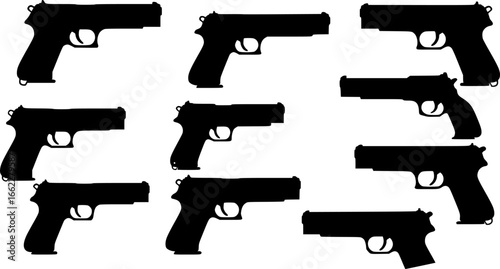 Automatic Handgun Pistol silhouette, black and white silhouette, vector and illustration