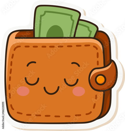 Cute cartoon wallet full of banknotes and smiling face. Kawaii style finance and savings vector illustration.