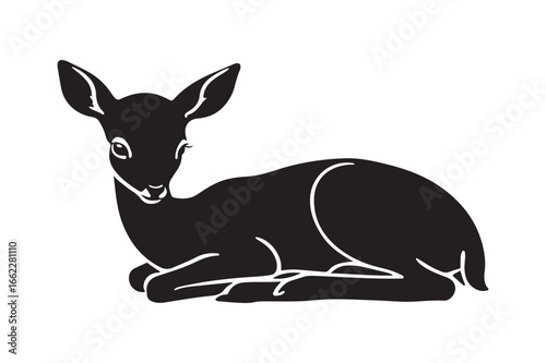 Graceful black silhouette of a lying fawn peaceful forest creature for wildlife art and design