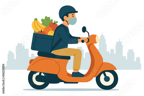 A man riding a motorcycle while wearing a face mask is transporting groceries