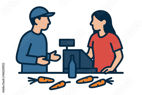 A cashier at a grocery store wears a face shield while a woman engages in shopping activities, depicting the new normal concept in a flat illustration vector