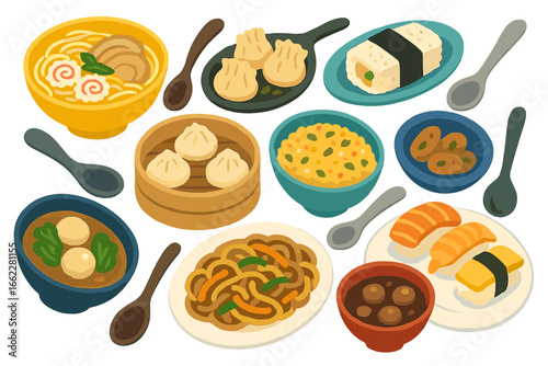 Vector illustration of a traditional Chinese ethnic menu banner for street food, restaurants, or homemade dishes, featuring Asian dinner plates and spicy appetizer snacks, often found at cooking